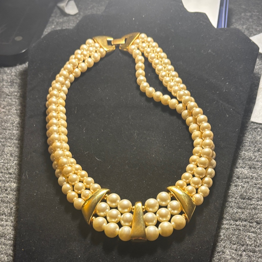 Gold-Tone Triple Strand Pearl Necklace with Statement Accents
